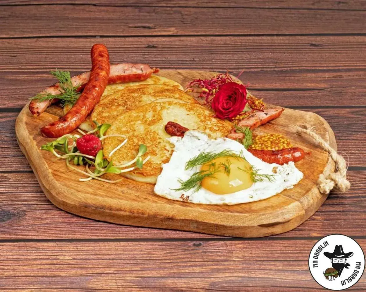 Potato Pancakes, Fried Egg, Grilled Frankfurters, Dijon Mustard, Micro Herbs