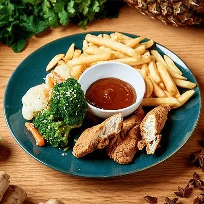 Chicken Strips with French Fries and Steamed Vegetables