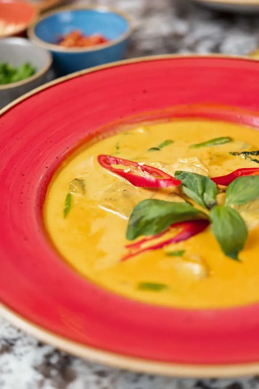 Yellow Curry with Chicken, Green Beans, Aubergine, Bamboo Shoots, Thai Basil and Coconut Milk