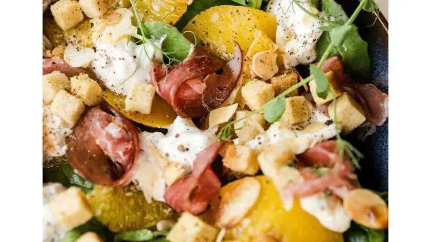 Burrata peach ham salad