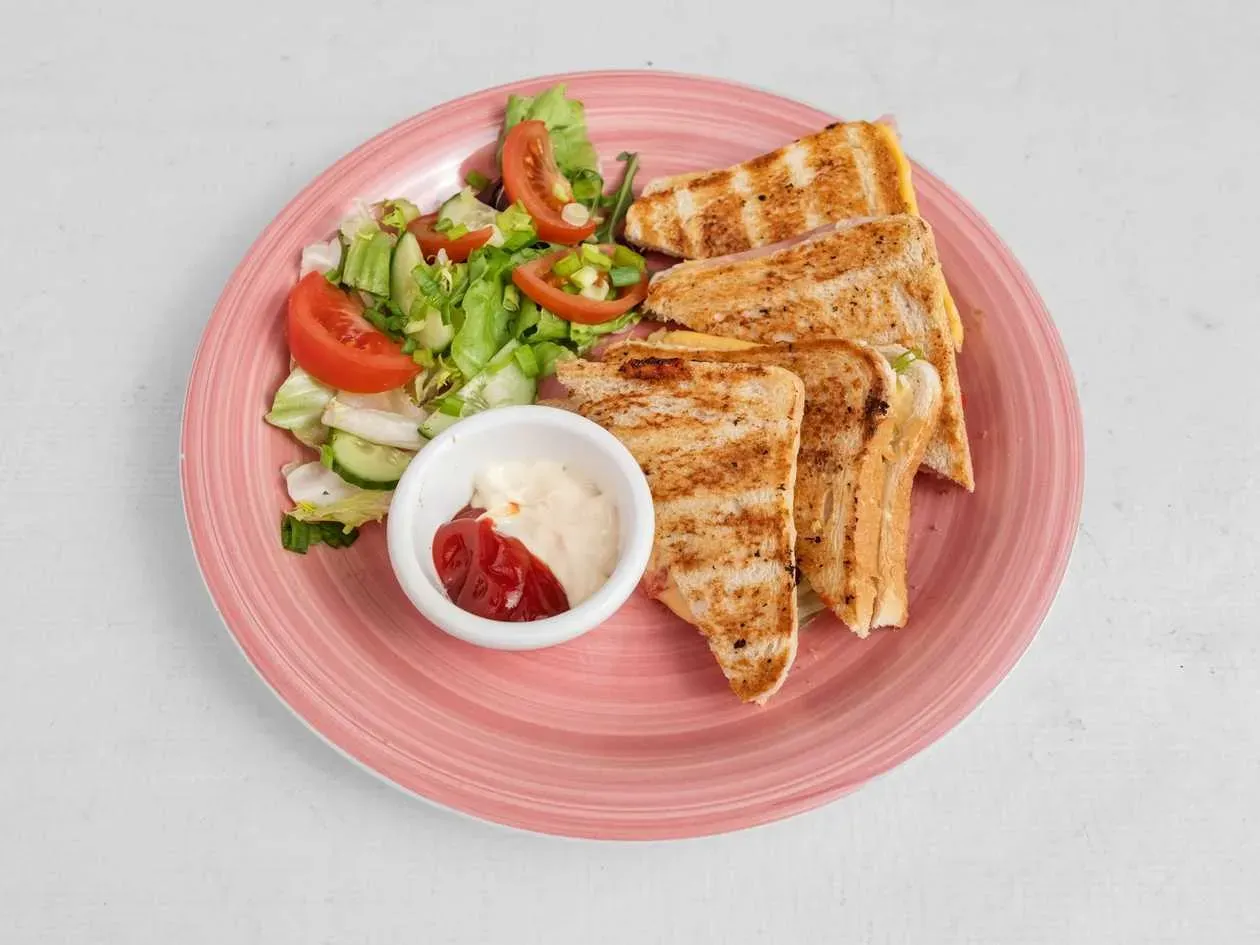 French Toast with Cheese, Ham, Tomato, Green Cucumber, Chives