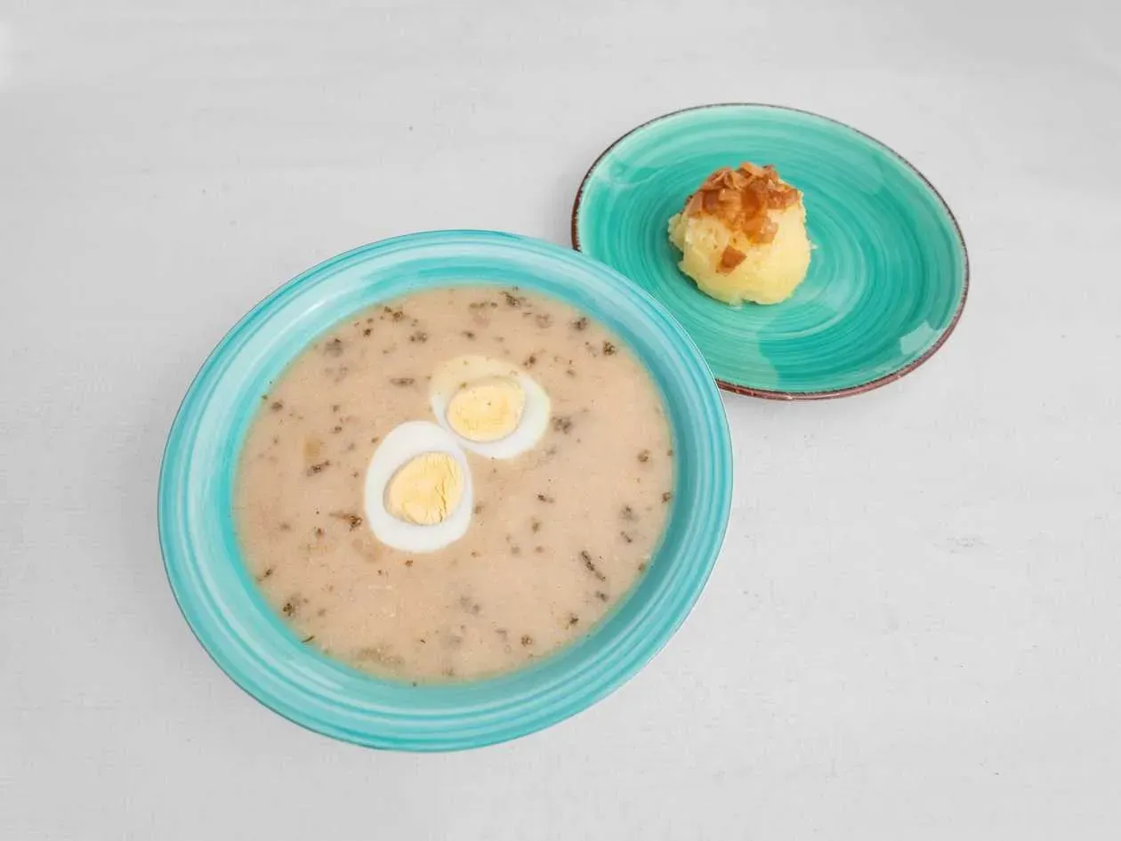 Żurek with White Sausage, Egg and Potatoes with Topping