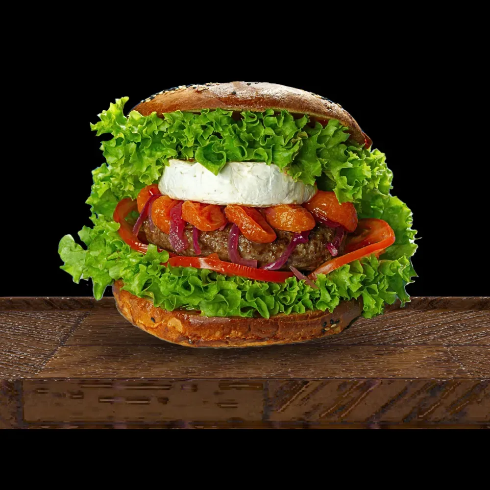 Burger wołowy z mandarynkami i camembertem + frytki