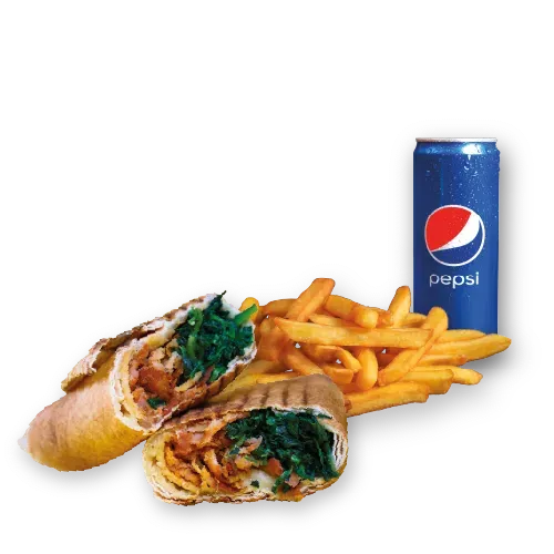 Rollo Kebab Szpinak (średnie), frytki, Pepsi 0.33l
