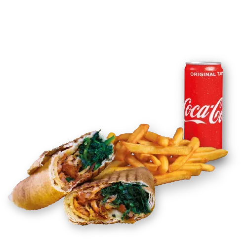 Rollo Kebab Szpinak (średnie), frytki, Coca Cola 0.33l