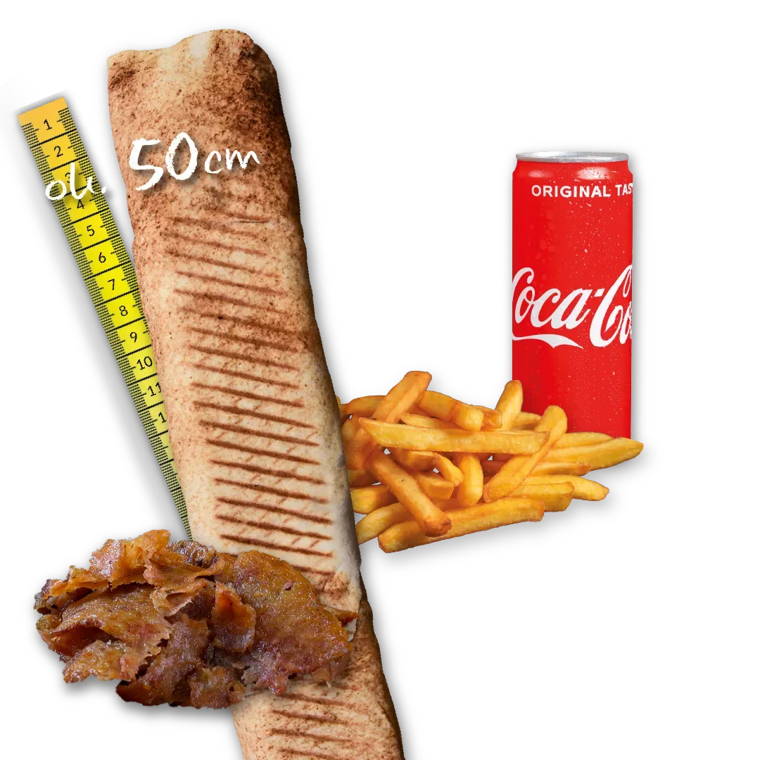 Rollo Kebab samo mięso (mega), frytki, Coca Cola 0.33l