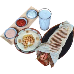 4- Zestaw Tortilla Kebab wołowy Super (WRAP + HUMMUS PRZYSTAWKA + AYRAN)