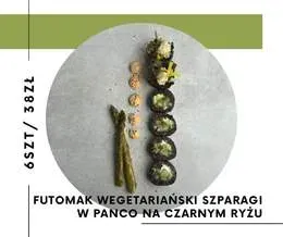 Fitomak wegetariański + szparagi w panco na czarnym ryżu
