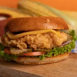 Chicken, cheese and bacon burger