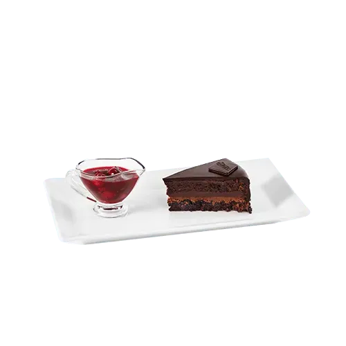 Chocolate cake with cherries on wine