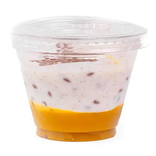 Yogurt with chia seeds, thistle and mango mousse