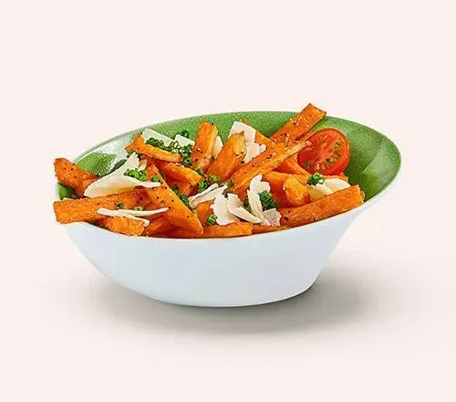 Knoblauch-Käse-Süsskartoffel-Fritten