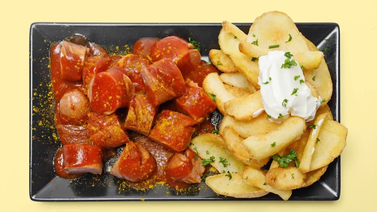 Doppel Berliner Currywurst mit Pommes frites