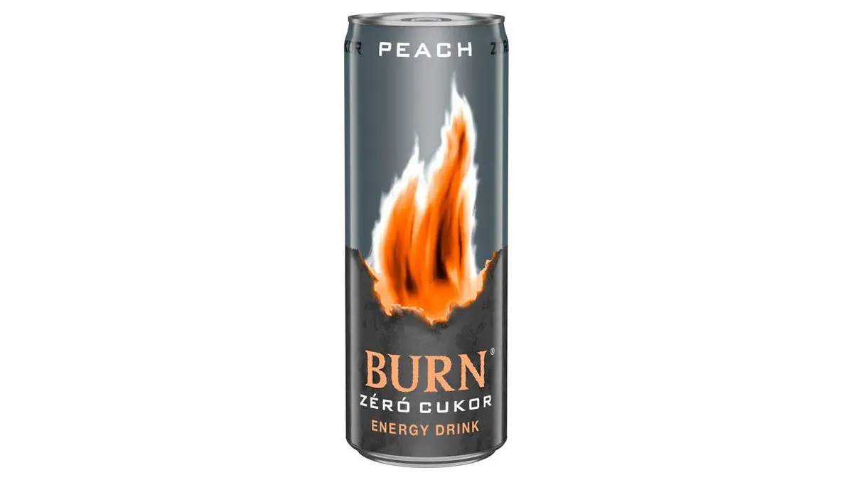 Burn Peach Zéró Cukor szénsavas őszibarackízű ital koffeinnel, B-vitaminnal & édesítőszerrel 250 ml