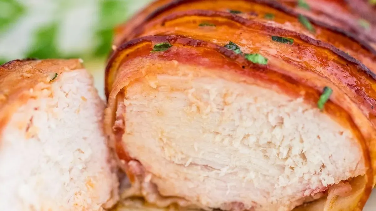 Baconnel sült csirkemell sajtmártással, választható körettel
