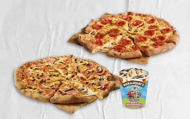 B&J MENU - 2X KÖZEPES MÉRETŰ PIZZA + 465ML B&J FAGYLALT
