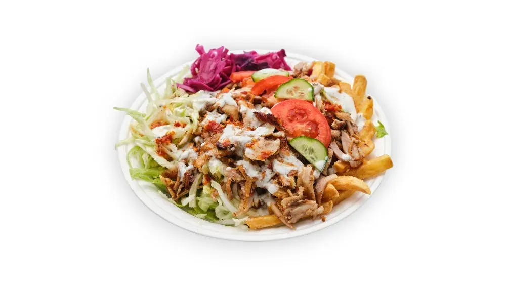Gyrostál vegyes körettel (sültkurmpli, rizs)