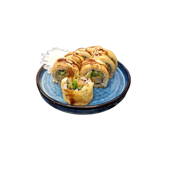 Krewetka tempura i łosoś w tamago 8 szt.